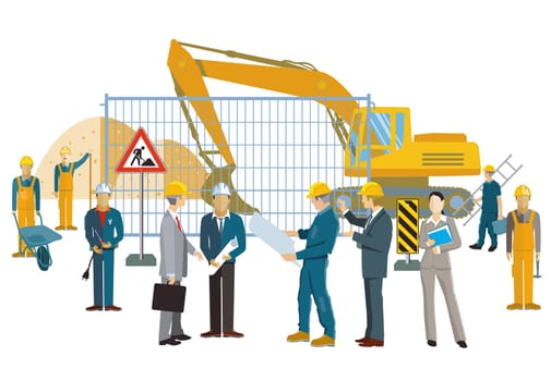 Construction workers and architects with construction machinery, illustration