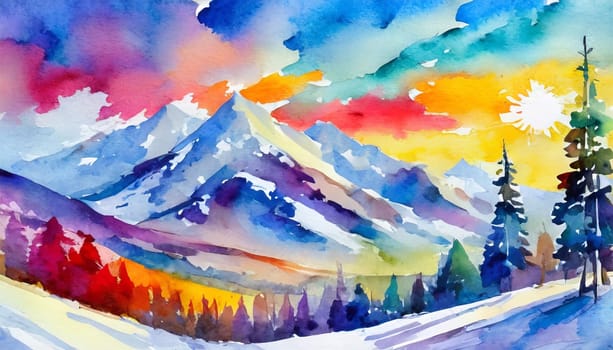 Vibrant Watercolor Mountain Landscape - Generative Art