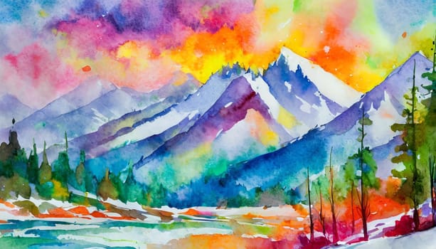 Vibrant Watercolor Mountain Landscape - Generative Art