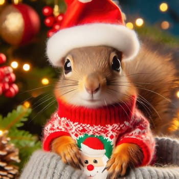 a squirrel wearing a Christmas hat and a festive sweater. Blurred Christmas lights glow in the background