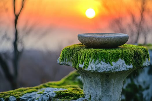 Experience a tranquil sunset where a stone plate rests on a moss-covered rock. The warm hues of the sky create a peaceful atmosphere, perfect for nature lovers.