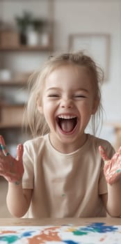 A cheerful young girl with paint smeared hands, expressing pure joy and creativity in a playful environment.