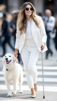 A blind woman in a stylish white outfit confidently walks with her guide dog in an urban setting, symbolizing independence.