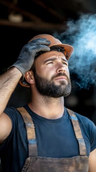 Determined construction worker in a dusty environment, wearing a hard hat and gloves, contemplating his work.
