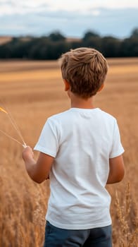 Young boy in a white shirt flying a kite in a vast golden field, enjoying a breezy day outdoors.