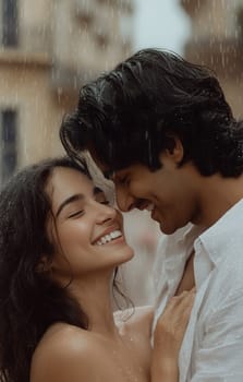 Smiling couple enjoying a romantic moment in the rain, embracing happiness and love in a city setting.