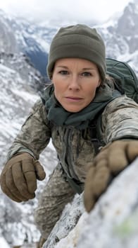 A determined woman in outdoor gear climbing a snowy mountain, showcasing strength and perseverance.