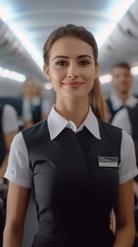 Professional flight attendant smiling warmly in the airplane cabin, ready to assist passengers with care and service.