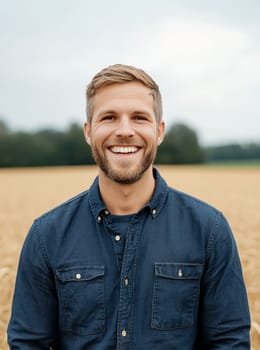 Cheerful man in a denim shirt standing in a golden wheat field, embracing the beauty of nature on a sunny day.