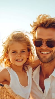 Father and daughter smiling at sunset, enjoying a special moment together with warmth and affection.
