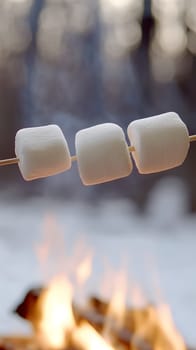 Three marshmallows roasting on a stick over a warm campfire, set against a blurred forest background.