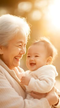 A heartwarming scene of a grandmother holding her laughing baby grandchild in golden sunlight.