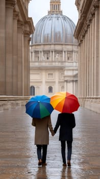 Two people with vibrant umbrellas walking towards a majestic cathedral, showcasing a blend of architecture and color.