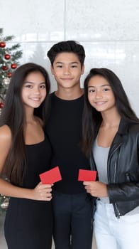 Three siblings hold red envelopes, celebrating Christmas by a decorated tree, wearing festive attire.
