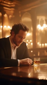 A thoughtful man in a suit sits at a bar with a drink, lost in contemplation under warm lights.