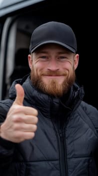 Smiling man in a black cap and jacket giving a thumbs up, expressing positivity and approval outdoors.