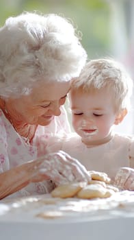 A joyful moment of a grandmother and child baking, covered in flour and sharing smiles in a sunlit kitchen.
