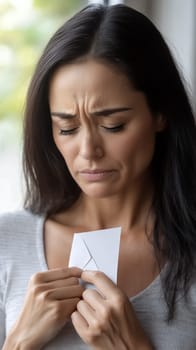 A woman frowns at a letter she holds, expressing concern and disappointment.