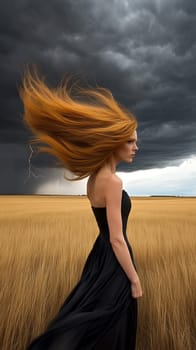 A woman with flowing red hair stands in a stormy field, highlighting the power of nature.