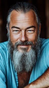 A bearded elderly man with a wise smile, exuding warmth and wisdom in a relaxed setting.