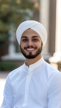 A cheerful man wearing a white turban and shirt smiles warmly while standing outside on a sunny day.