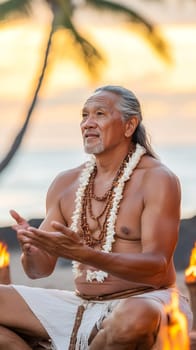 A man performs a traditional ritual by the sea at sunset, wearing a floral necklace and beads.