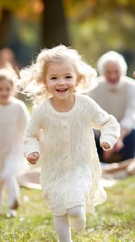 A joyful child in a white sweater runs gleefully through a sunlit park, embodying happiness.