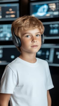 A young boy wearing headphones stands in front of a control room, looking curious and attentive.