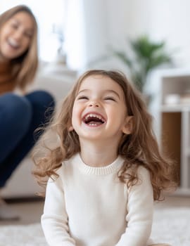A cheerful toddler laughs joyfully with her mother in a cozy, bright living room.