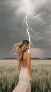 A woman in a white dress stands in a field, watching a dramatic lightning strike under a stormy sky.