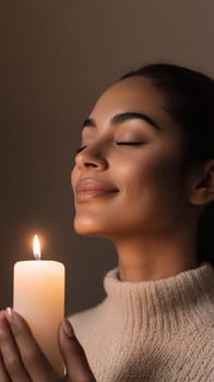 A peaceful woman meditates with her eyes closed, holding a candle, feeling serene and relaxed.