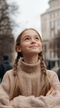A young girl with braided hair smiles joyfully while looking up in an urban setting.