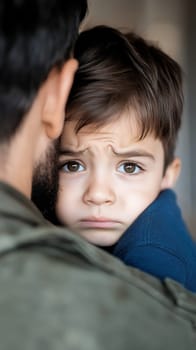 A child with a concerned expression hugs their parent closely, conveying emotion and connection.