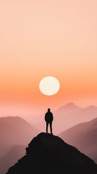 A lone figure stands on a mountain peak, silhouetted against a vibrant orange sunset.