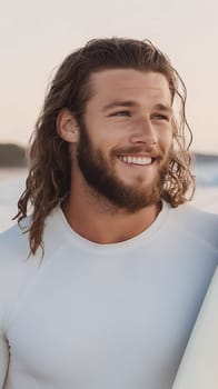 A joyful surfer with wavy hair smiles broadly while standing on the beach in the evening light.