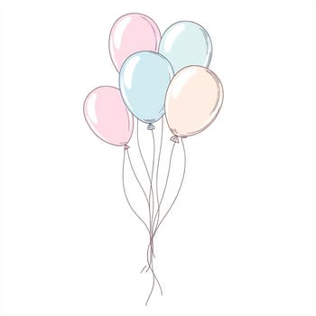 A collection of five pastel balloons, pink, blue, and yellow, gently floating together, perfect for any festive occasion.