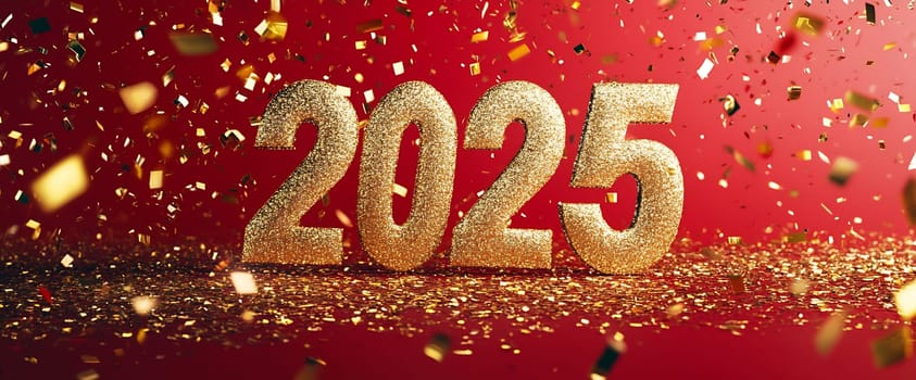 The festive atmosphere sparkles as golden numbers represent 2025, surrounded by confetti on a vibrant red background.