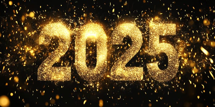 Golden numbers display 2025, surrounded by sparkling lights, marking the countdown to New Year's celebration and new beginnings.