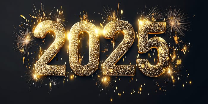 Glimmering golden numbers 2025 shine brightly with fireworks, capturing the excitement of new year festivities at midnight.