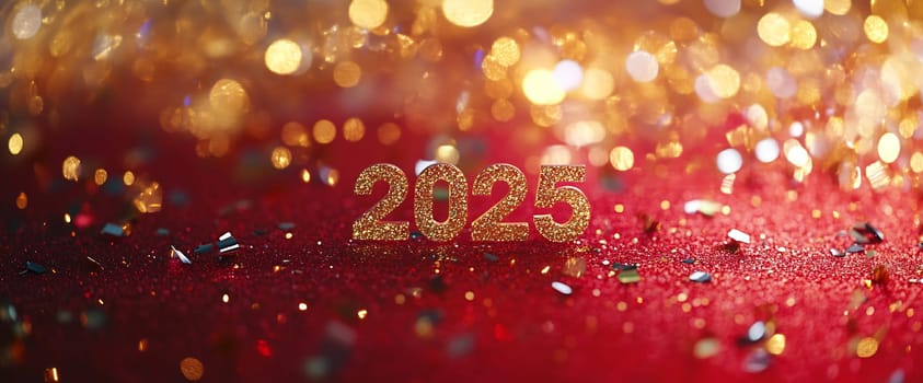 Glittering numbers spell 2025, surrounded by colorful confetti on a vibrant red background, celebrating the arrival of the New Year.