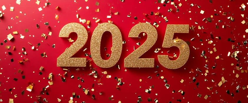 Sparkling golden 2025 numbers on a red background, surrounded by colorful confetti, ready for a festive New Year celebration.