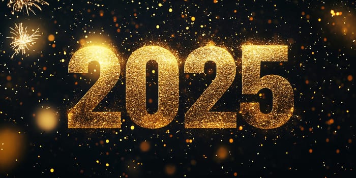 A vibrant display of golden sparkles highlights the year 2025, symbolizing hope and festivities for the coming year.