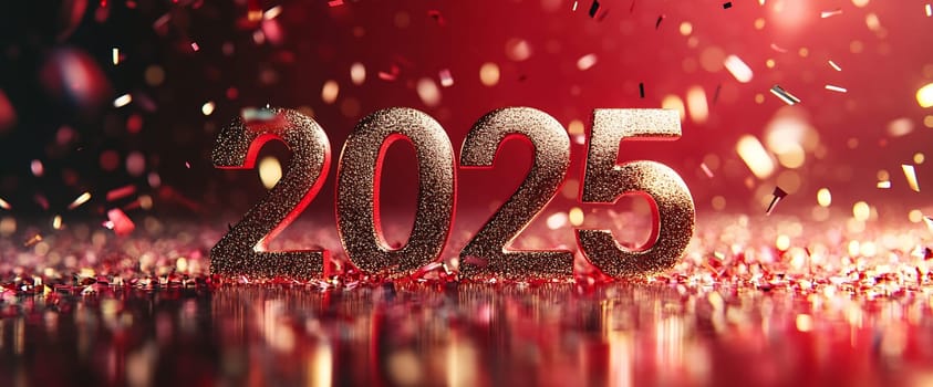 Sparkling numbers display 2025 as confetti falls, capturing the excitement of New Year's Eve celebrations in a vibrant atmosphere.