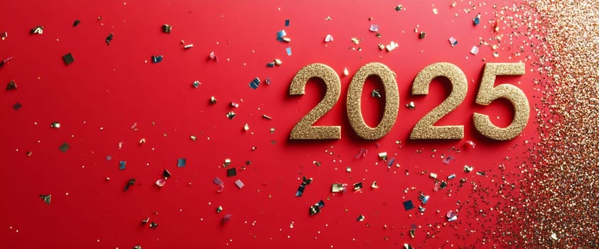 The red background is decorated with gold glitter and colorful confetti, showcasing the year 2025 prominently.