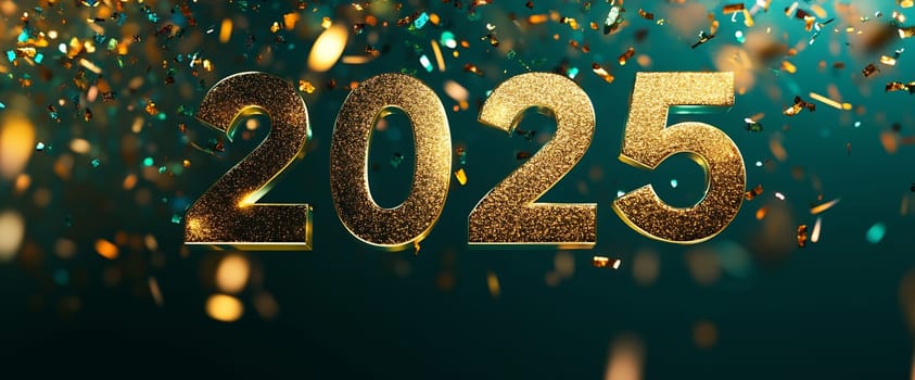 The vibrant golden numbers 2025 stand out against a backdrop of colorful confetti, signaling a festive New Year celebration ahead.