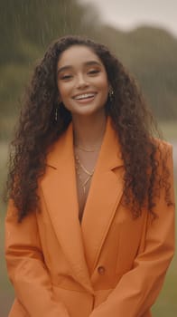 A woman with curly hair and an orange coat smiles brightly while standing in the rain, exuding joy.