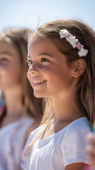 A young girl smiles brightly, adorned with a floral headband, capturing a moment of innocence and joy.