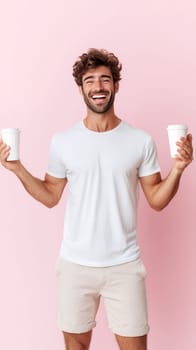A joyful man in a white shirt holds two coffee cups, exuding happiness against a pink background.