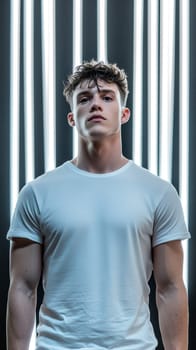 A young man stands confidently under vertical neon lights, creating a modern and dynamic atmosphere.