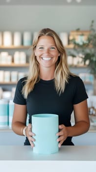 A cheerful woman in a black shirt holds a mint colored container, radiating positivity in a bright setting.